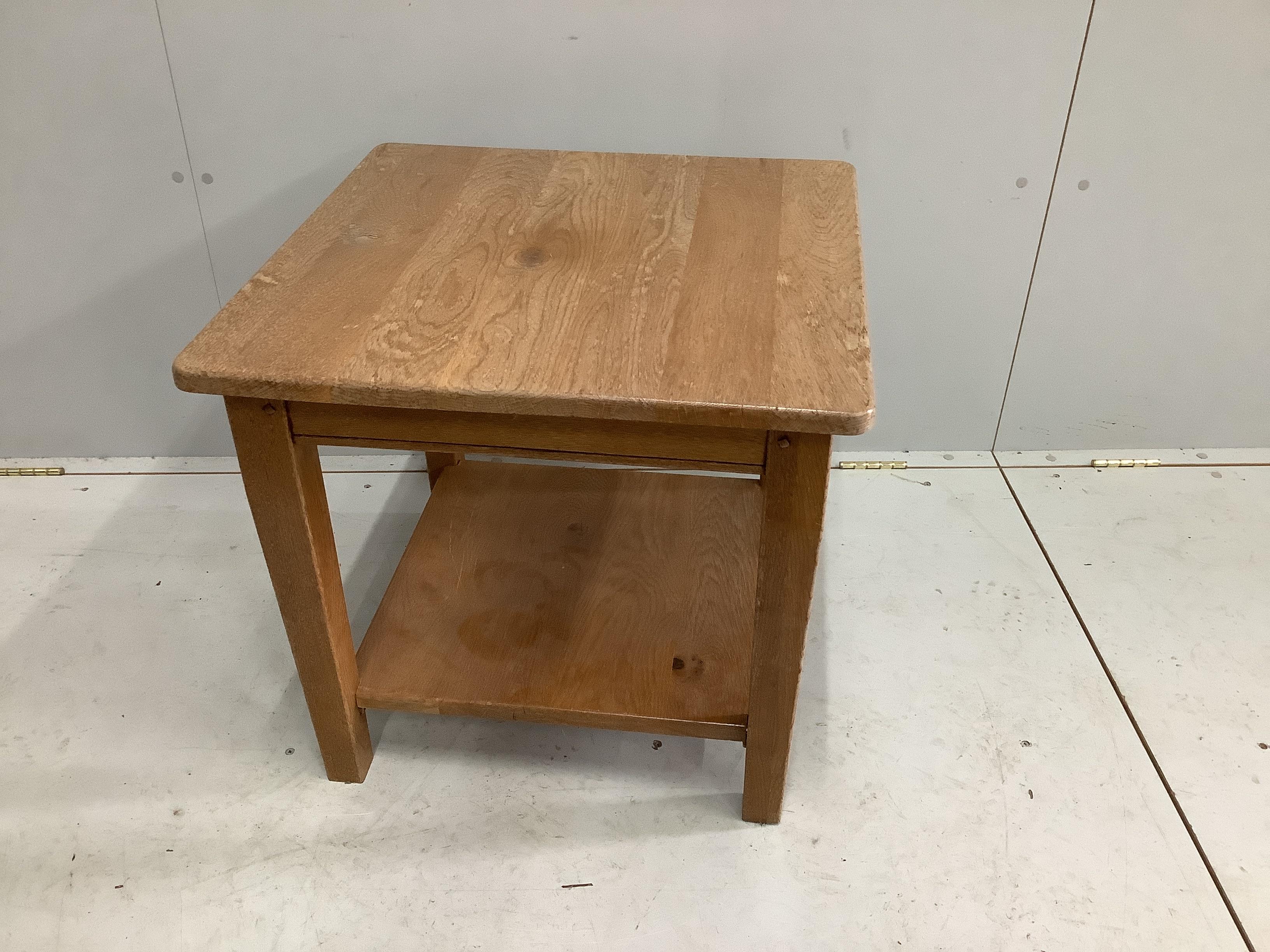 A square oak two tier occasional table, 60cm, height 56cm